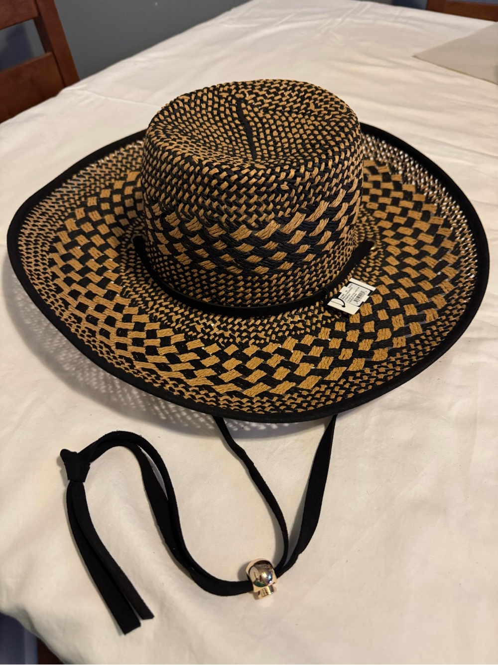 Lele Sadoughi Brielle Checkered Straw Hat Neutral Night NWT
